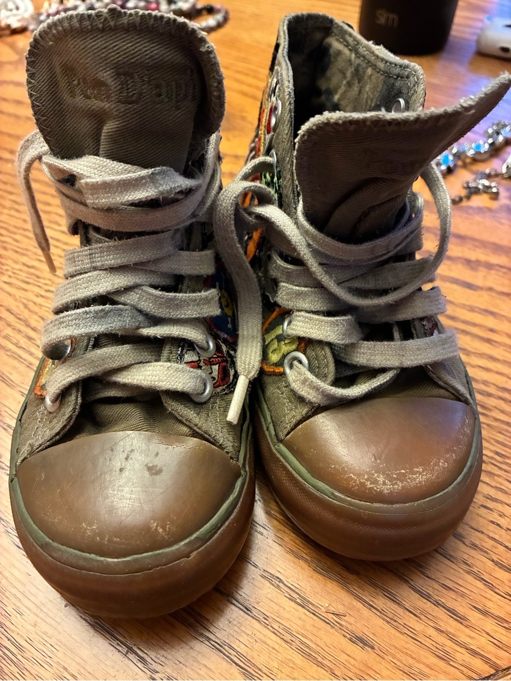 Pom D'Api Olive Green Kids High-Top Sneakers with Patch Details size 11